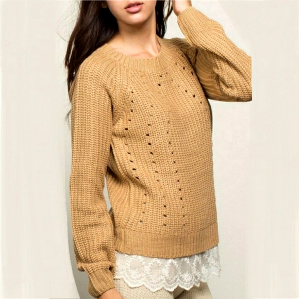 POL Sweater Mustard Yellow with Lace Hem Pullover Women's Size Large